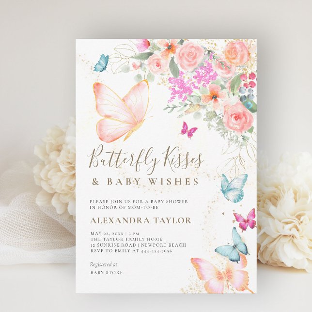 Butterfly Kisses Bright Blommigt Flicka Shower Inbjudningar (butterflies baby shower invitation butterfly kisses blush orange teal gold floral elegant garden)