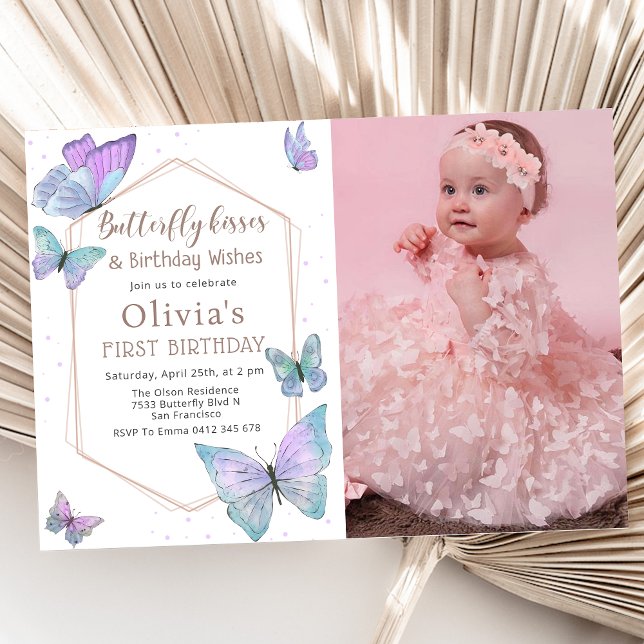 Butterfly Kisses Butterfly Girls Birthday Photo Inbjudningar (Skapare uppladdad)