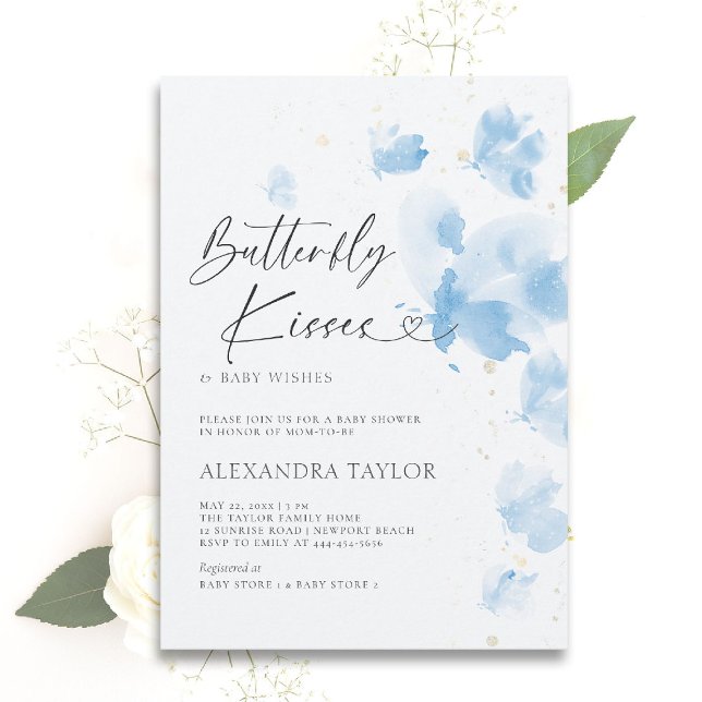 Butterfly Kisses Dreamy Watercolor Pojke Shower Inbjudningar (butterfly baby shower theme boy invitation watercolor whimsical dreamy blue garden party )