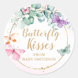 Butterfly Kisses Eucalyptus Rosa Baby Shower Favor Runt Klistermärke
