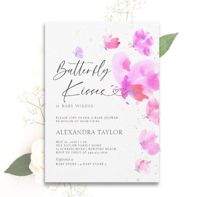 Butterfly Kisses Fold Rosa Chic Flicka Shower Inbjudningar (butterfly baby shower theme boy invitation watercolor whimsical fuchsia pink garden party purple)