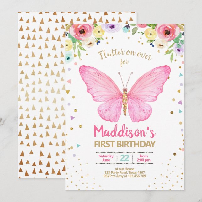 Butterfly Kisses Garden Blommigt Confetti Birthday Inbjudningar (Fram/baksida)