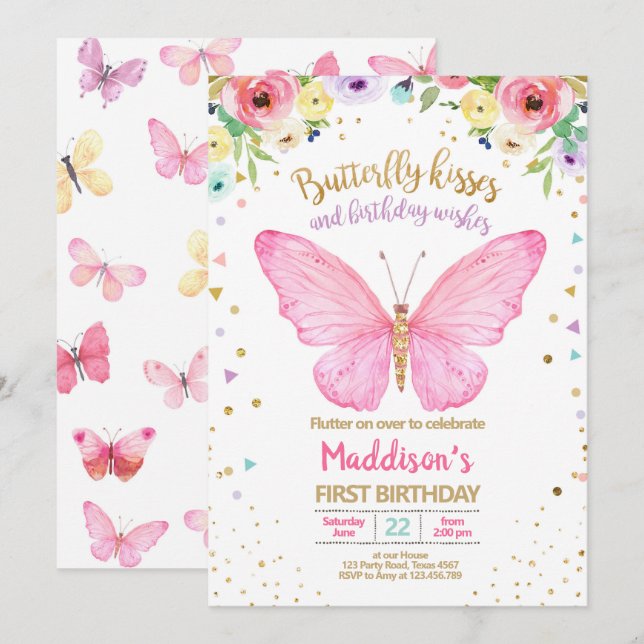 Butterfly Kisses Garden Blommigt Confetti Birthday Inbjudningar (Fram/baksida)