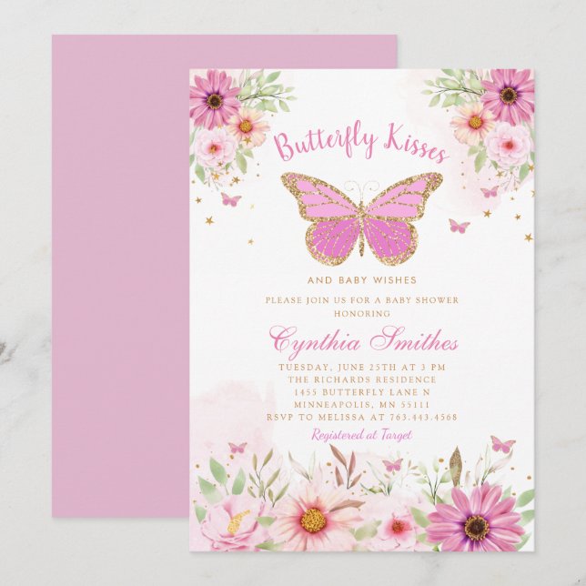 Butterfly Kisses Guld Rosa Blommigt Girl Baby Show Inbjudningar (Fram/baksida)