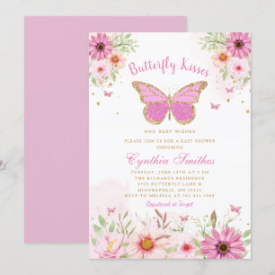Butterfly Kisses Guld Rosa Blommigt Girl Baby Show Inbjudningar