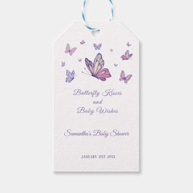 Butterfly Kisses Lila Baby Shower Presentetikett (Framsidan)