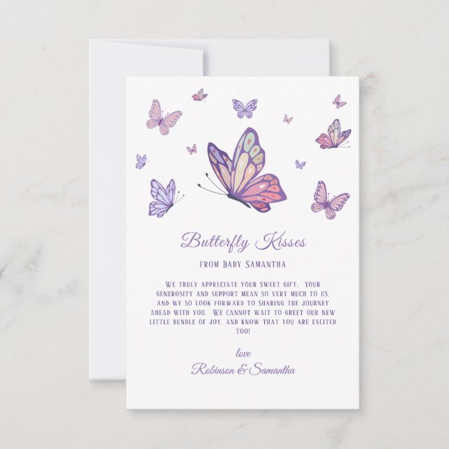 Butterfly Kisses Lila Baby Shower Tack Kort (Framsida)