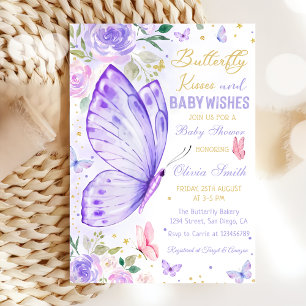 Butterfly Kisses Lila Blommigt Girl Baby Shower Inbjudningar