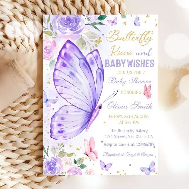 Butterfly Kisses Lila Blommigt Girl Baby Shower Inbjudningar (Skapare uppladdad)
