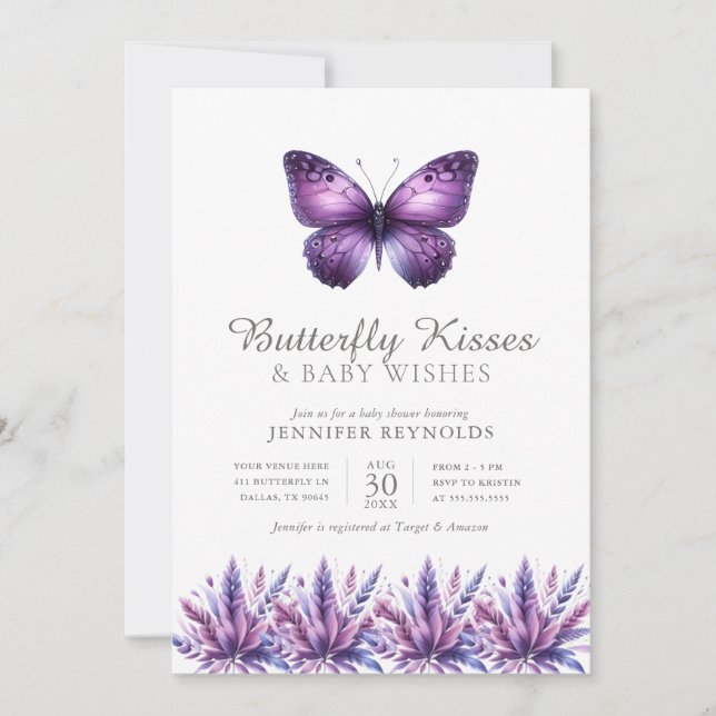 Butterfly Kisses Lila Blommigt Girl Baby Shower Inbjudningar (Framsida)
