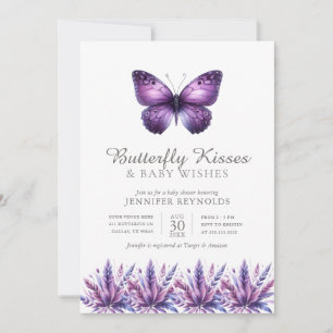 Butterfly Kisses Lila Blommigt Girl Baby Shower Inbjudningar