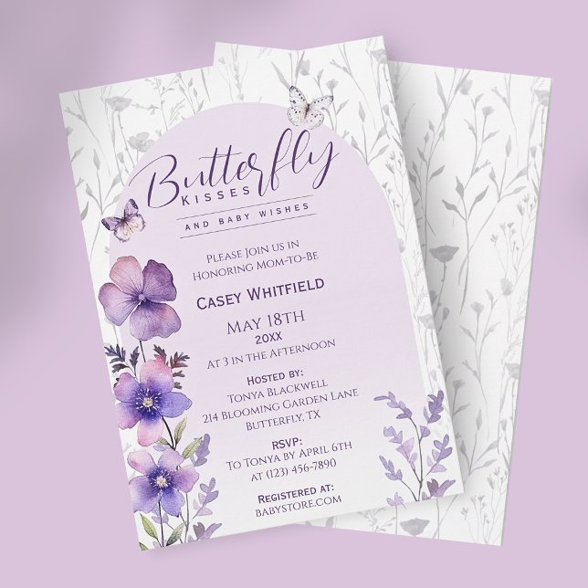 Butterfly Kisses Lila Boho Baby Shower Inbjudningar (Butterfly Kisses Purple Boho Baby Shower Invitation)