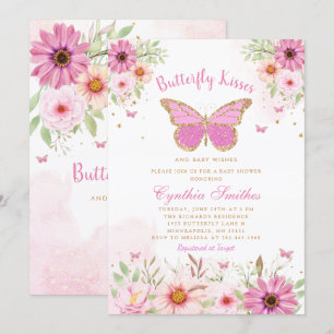 Butterfly Kisses och Baby Önskemål Girl Baby Showe Inbjudningar