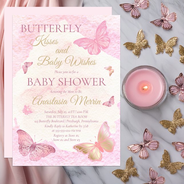 Butterfly Kisses och Baby Önskemål Girl Baby Showe Inbjudningar (Butterfly Kisses and Baby Wishes Pink Girl Baby Shower Invitation - Print | Digital Download)
