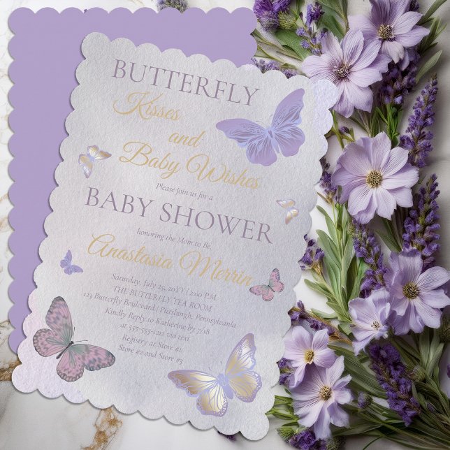 Butterfly Kisses och Baby Önskemål Girl Baby Showe Inbjudningar (Butterfly Kisses and Baby Wishes Girl Baby Shower Lavender and Gold Tone Invitation - Print Download)