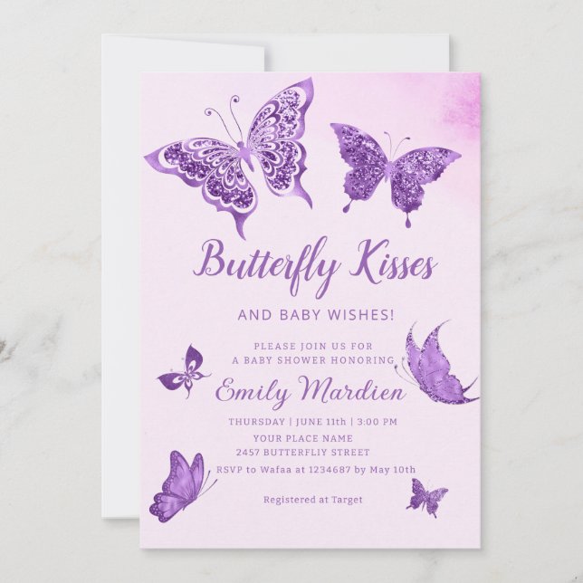 Butterfly Kisses och Baby Önskemål Girl Baby Showe Inbjudningar (Framsida)