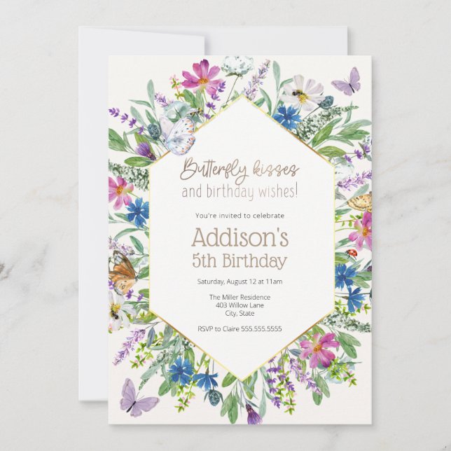 Butterfly Kisses och Birthday Önskemål Birthday Inbjudningar (Framsida)