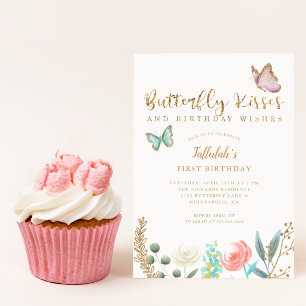 Butterfly Kisses och Birthday Önskemål Guld Blommi Inbjudningar