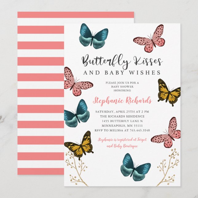 Butterfly Kisses och Önskemål Rosa Baby Shower Inbjudningar (Fram/baksida)