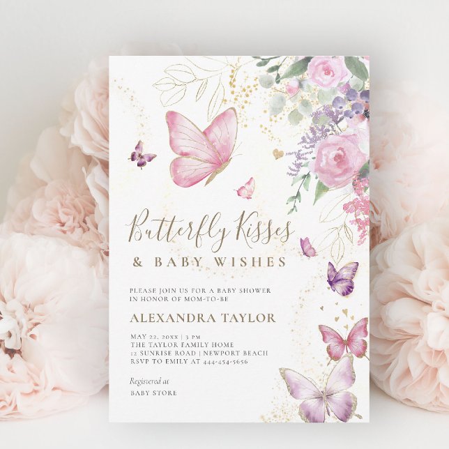 Butterfly Kisses Önskemål Blommigt Flicka Shower Inbjudningar (butterflies baby shower invitation butterfly kisses pink purple gold floral elegant garden party)