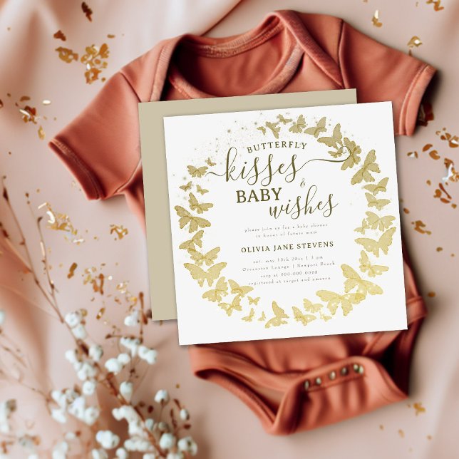 Butterfly Kisses Önskemål Guld Elegant Baby Shower Inbjudningar (Skapare uppladdad)