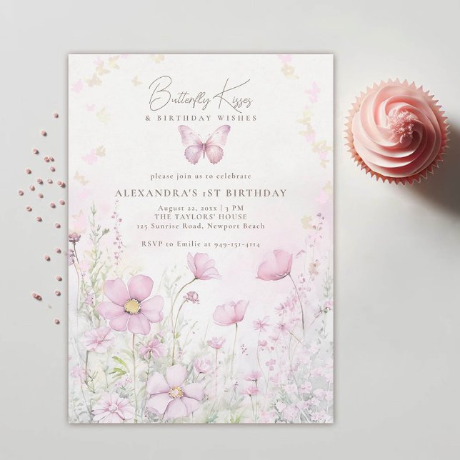 Butterfly Kisses Önskemål Wildblommor 1st Birthday Inbjudningar (butterfly kisses birthday wishes pink wild flowers garden 1st birthday girl invitation template)
