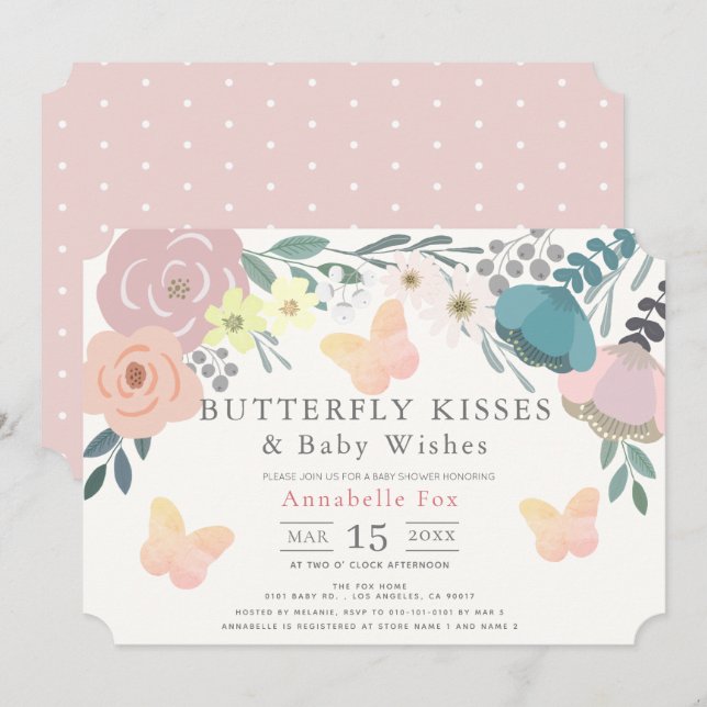 Butterfly Kisses Rosa Blommigt Baby Shower Inbjudningar (Fram/baksida)