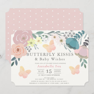 Butterfly Kisses Rosa Blommigt Baby Shower Inbjudningar