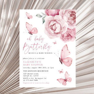Butterfly Kisses Rosa Blommigt Girl Baby Shower Inbjudningar