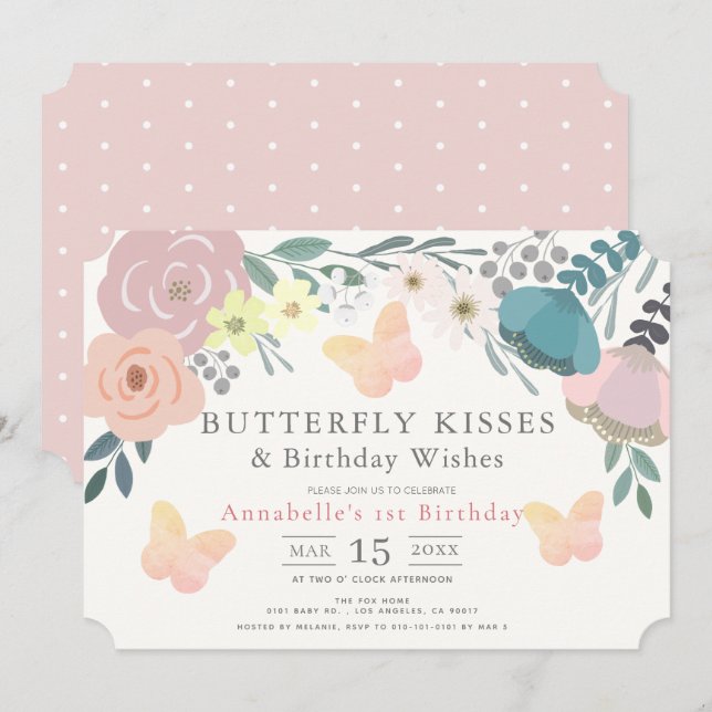 Butterfly Kisses Rosa Blommigt Girl Birthday Inbjudningar (Fram/baksida)