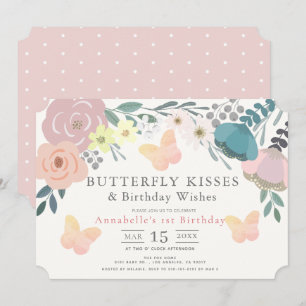 Butterfly Kisses Rosa Blommigt Girl Birthday Inbjudningar