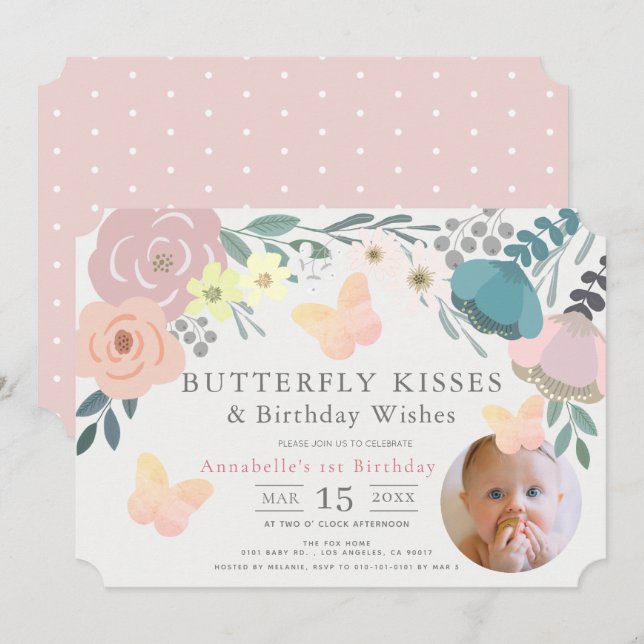 Butterfly Kisses Rosa Blommigt Girl Birthday Photo Inbjudningar (Fram/baksida)