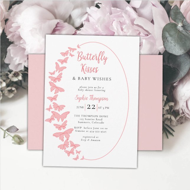 Butterfly Kisses Rosa Boho Chic Girl Baby Shower Inbjudningar (butterfly kisses baby girl shower invitation whimsical coral pink butterflies boho chic watercolor )