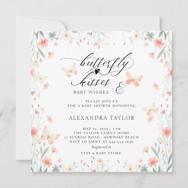 Butterfly Kisses Vild Coral Teal Girl Baby Shower Inbjudningar (Framsida)
