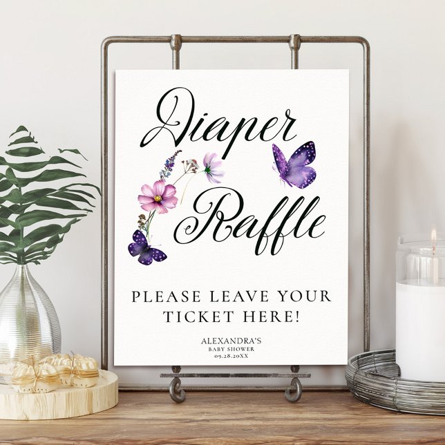 Butterfly Kisses Vild Lila Baby Shower Raffle Poster (baby shower diaper raffle poster purple butterflies wildflowers garden party spring summer chic)