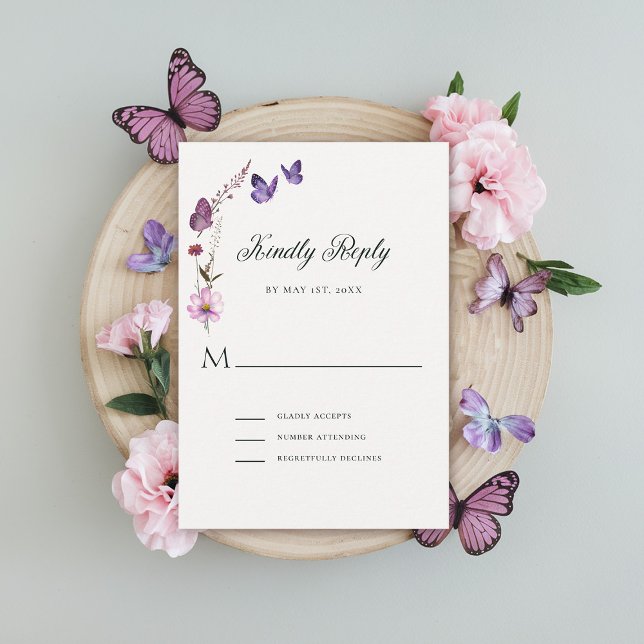 Butterfly Kisses Vild Lila Flicka Shower OSA Kort (butterflies wildflowers rsvp card baby shower bridal wedding birthday party spring summer garden)