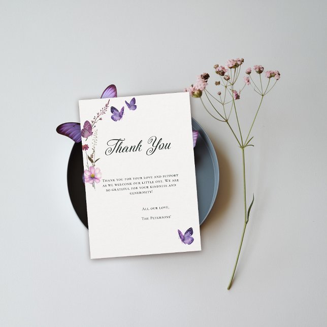 Butterfly Kisses Vild Lila Flicka Shower Tack Kort (butterflies wildflowers thank you card baby shower bridal wedding birthday party spring summer chic)