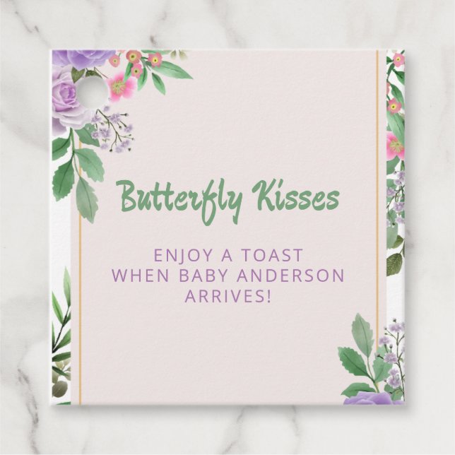 Butterfly Kisses Violet Flowers Baby Shower Gåvor Etiketter (Framsida)