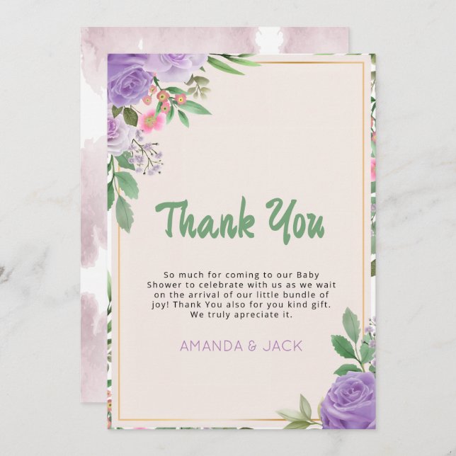 Butterfly Kisses Violet Flowers Baby Shower Tack Kort (Fram/baksida)