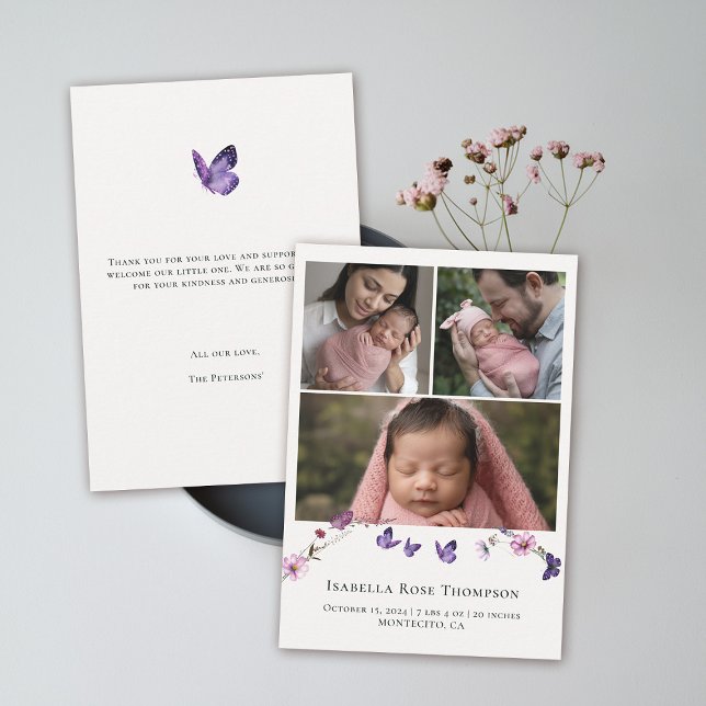 Butterfly Kisses Wildblomfoto Flicka Shower Tack Kort (butterflies wildflowers baby announcement shower thank you card purple pink 3 photo templates)