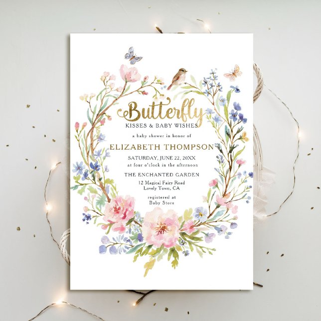Butterfly Kisses Wildblommor Garden Baby Shower Inbjudningar (butterfly kisses baby shower invitation fairy enchanted garden woodland forest bird spring summer)