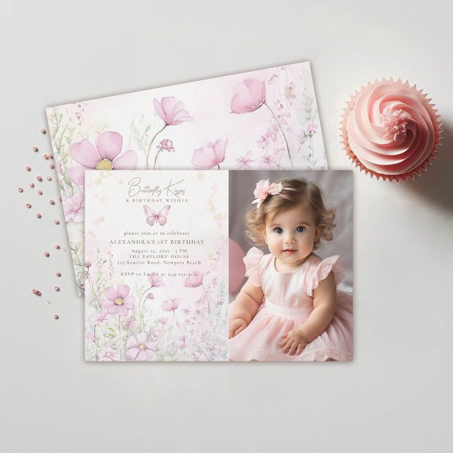 Butterfly Kisses Wildblommor Photo 1st Birthday Inbjudningar (butterfly kisses birthday wishes pink wild flowers garden 1st birthday girl photo invitation)