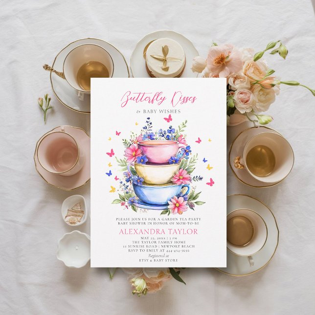 Butterfly Kisses Wildblommor Tea Flicka Shower Inbjudningar (butterfly kisses baby shower invitation wildflowers garden tea party colorful summer spring)