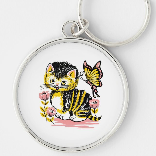 Butterfly & Kitten Rund Silverfärgad Nyckelring (Framsidan)
