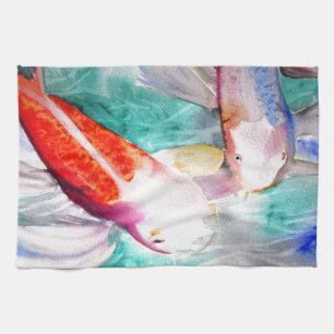 Butterfly Koi vattencolor Japansk Fish Art Kökshandduk