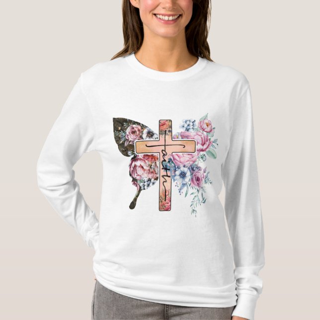 Butterfly Kor Faith blommigt T Shirt (Framsida)