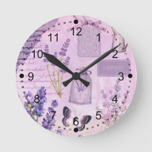 Butterfly Lavender Blommigt Lilac Ephemera Rund Klocka
