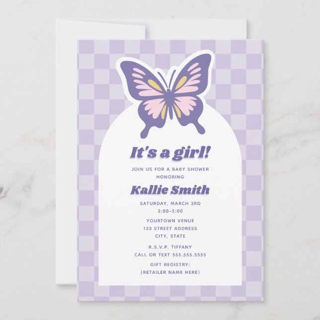 Butterfly Lavender Checkerboard Girl Shower Inbjudningar (Framsida)