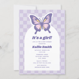 Butterfly Lavender Checkerboard Girl Shower Inbjudningar