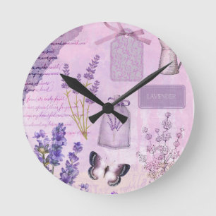 Butterfly Lavender Lilac Blommigt Ephemera Rund Klocka